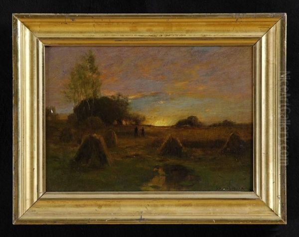 Hayricks At Dusk Oil Painting by Du Bois Fenelon Hasbrouck