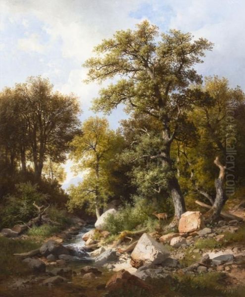 Deer At The Stream Oil Painting by Carl Hasch