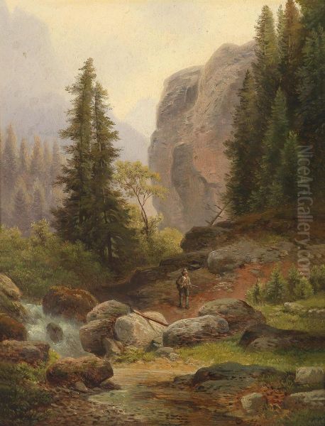 A Hunter In The High Mountains Oil Painting by Carl Hasch