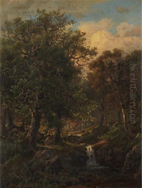 Forest Landscape With Figure Beside A Brook Oil Painting by William Stanley Haseltine