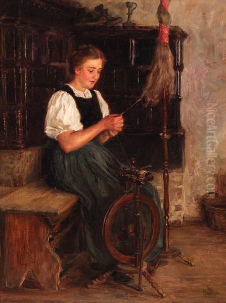 A Spinning German Peasant Woman Oil Painting by Wilhelm Hasemann