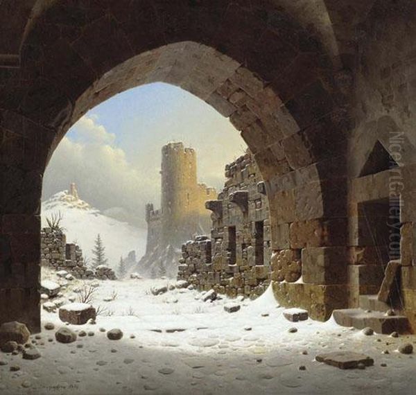 Burgruine Im Winter. 1852. Oil Painting by Carl Georg Adolf Hasenpflug