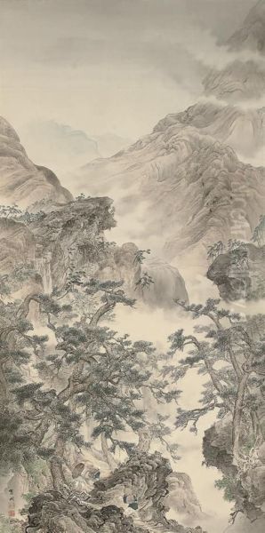 Figures In A Mountain Pass Oil Painting by Shisen Hashidate