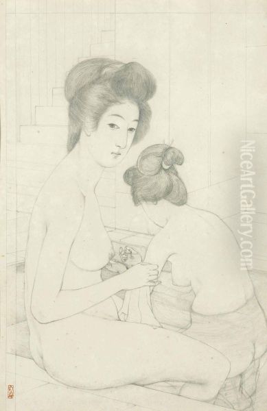 Two Women In A Bath Oil Painting by Goyo Hashiguchi