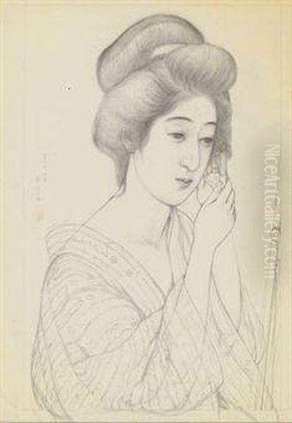 The Model Nakatani Tsuru Plumping Her Coiffure Oil Painting by Goyo Hashiguchi