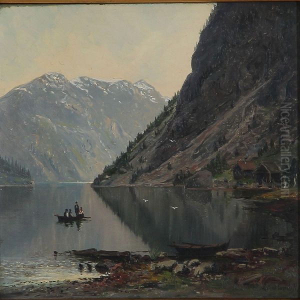 Norwegian Fiord Scene Oil Painting by Ludvig August Haslund