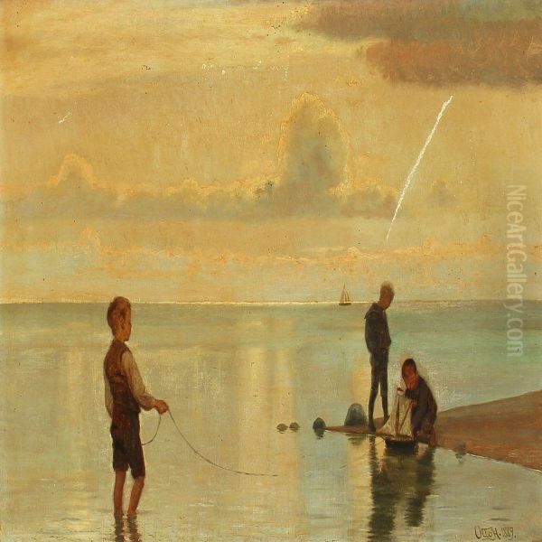 Children Playing In The Water Edge Oil Painting by Otto Haslund