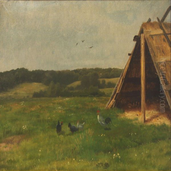 Landscape With Hens Oil Painting by Otto Haslund