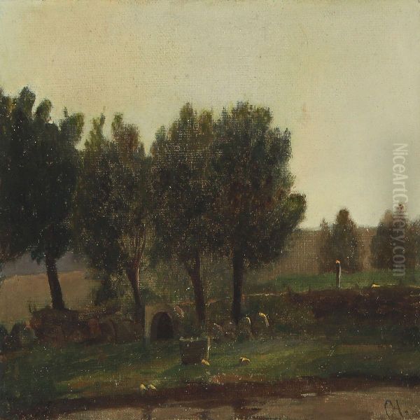 Landscape With A Stone Fence Oil Painting by Otto Haslund