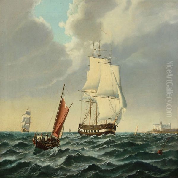 A Warship With Kronborg At The Port Side Oil Painting by Siegfried A. Sofus Hass