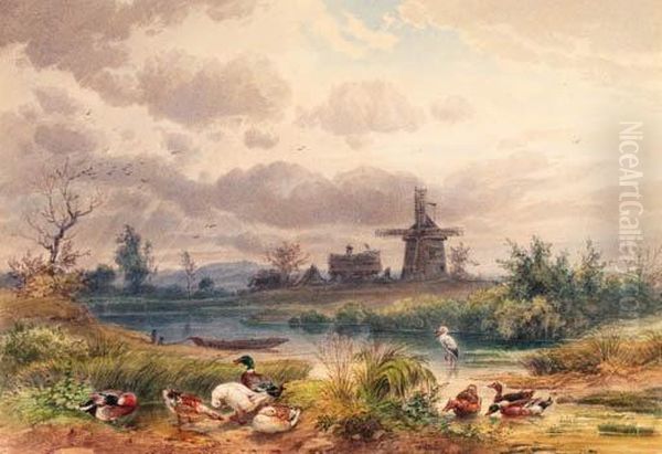 A Heron And Poultry Before A Windmill In An Open Landscape Thoughtto Be Near Dresden Oil Painting by Ernst Hasse