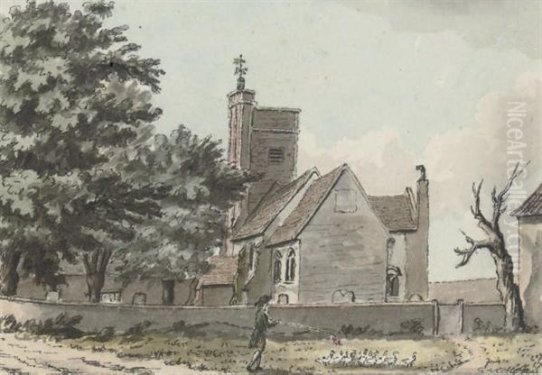 Herding Ducks In Front Of Barnes Church (illustrated); And Gathering Corn In Front Of Mortlake Church Oil Painting by John Hassell