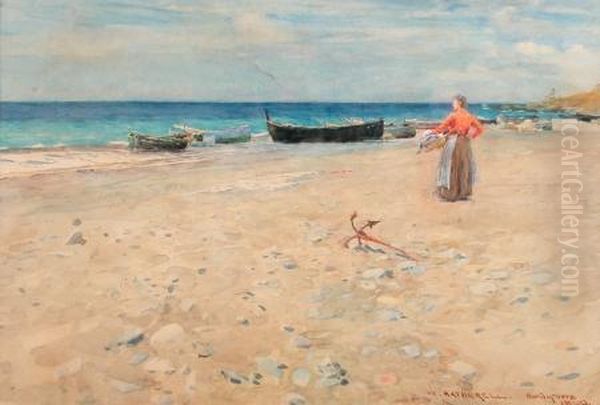 beach Fishing Boats, Bordighera Oil Painting by William Hatherell