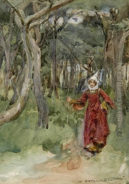 Fair Maid On A Woodland Path Oil Painting by William Hatherell