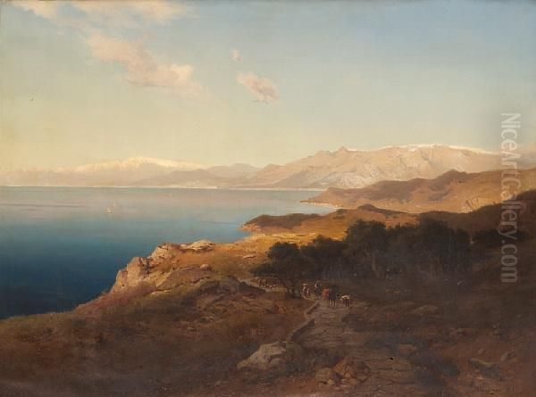 A Mediterranean Coastal Scene Oil Painting by Michael Haubtmann