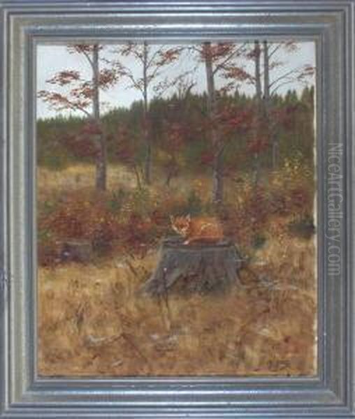 Liegender Fuchs Auf Einem Baumstumpf Im Herbstwald Oil Painting by Kristian Haug