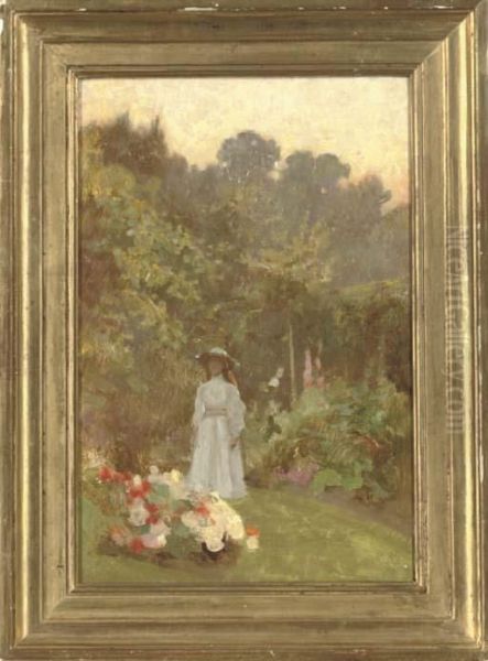 Lady In A Garden Oil Painting by Benjamin Haughton