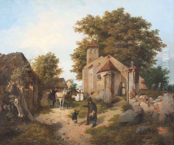 Dorf In Mecklenburg Oil Painting by August C. Haun