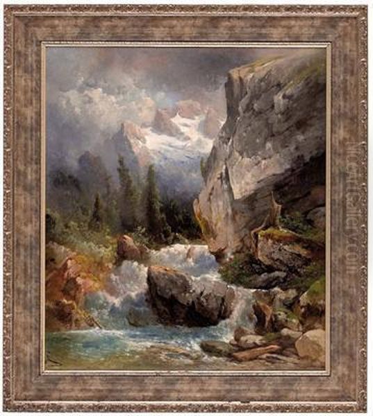 Wildbach In Den Osterreichischen Alpen Oil Painting by Carl Haunold