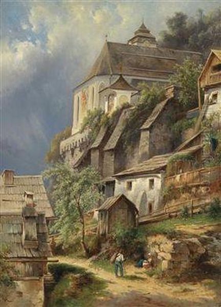 Scene From Hallstatt With A View Of The Church Oil Painting by Karl Franz Emanuel Haunold