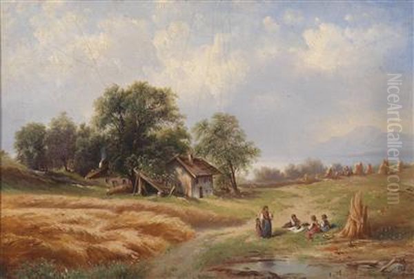 Resting During Hay Harvest Oil Painting by Karl Franz Emanuel Haunold