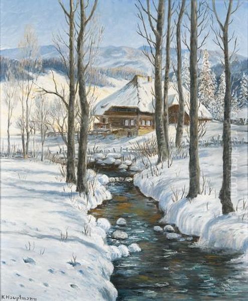 Sonnige Winterlandschaft Mit Bach Oil Painting by Karl Hauptmann