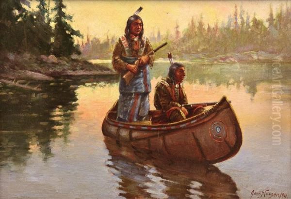 Hunter In Canoe Oil Painting by John Hauser