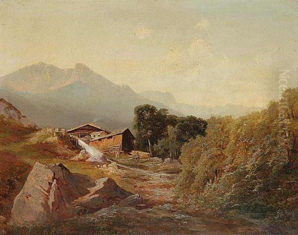 An Alpine Landscape With A House Oil Painting by Maximilian Haushofer