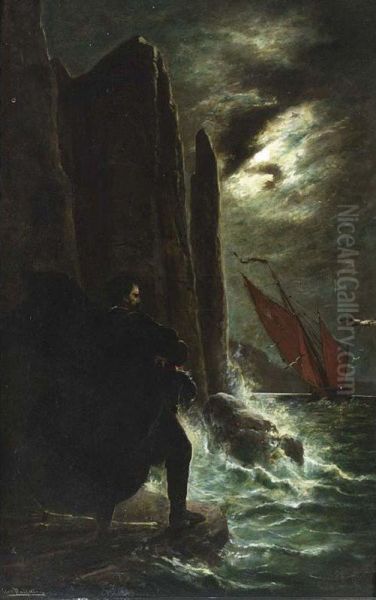 A Smuggler Signalling A Sailingvessel On A Moonlit Night. Oil Painting by Ernst Haustangel