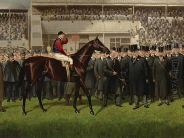 H.m. King Edward Vii's Minoru With Herbert Jones Up In The Winner's Circle At Epsom, 26 May 1909 Oil Painting by Alfred Charles Havell