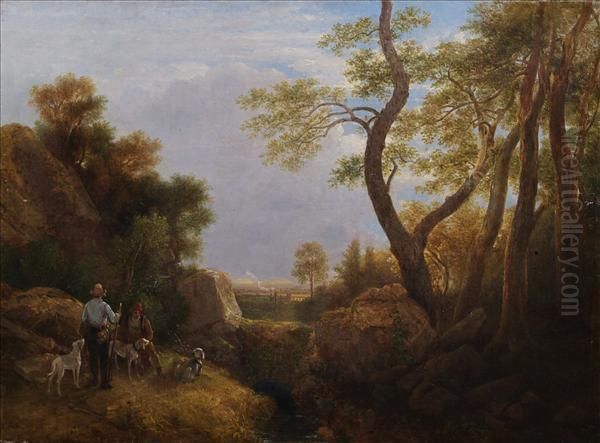 Figures And Dogs By A Woodland Stream, A Town Beyond Oil Painting by Charles Richards Havell