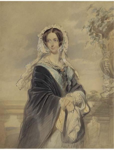 Portrait Of Queen Victoria, Three-quarter-length, Standing On The Terrace At Osborne House, Carrying Her Son Alfred Ernest Albert Oil Painting by Edmund Havell Jnr.