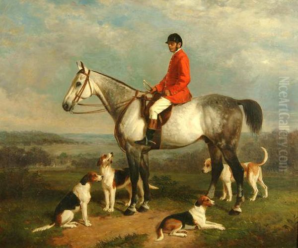 Portrait Of Richard Roake Seated On A Grey Hunter Surrounded By Hounds In A Lanscape Oil Painting by Edmund Havell Jnr.