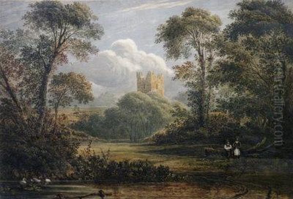 A Wooded River Landscape With Distant Castle Oil Painting by William Havell