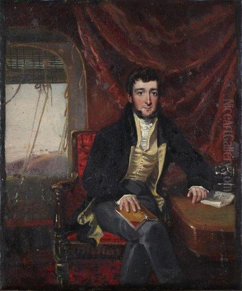 Portrait Of A Gentleman 
 Seated At A Library Desk, Extensive Landscape Beyond, Possibly India Oil Painting by William Havell