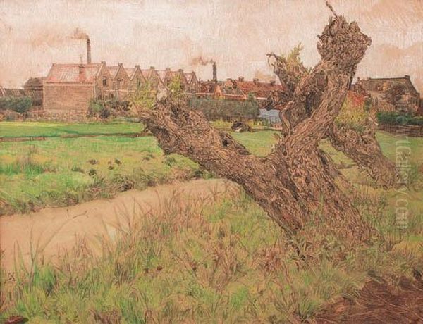 Pollard-willows Along A Stream With Brick Houses And Factorychimneys In The Distance, Amterdam Oil Painting by Gerrit Haverkamp