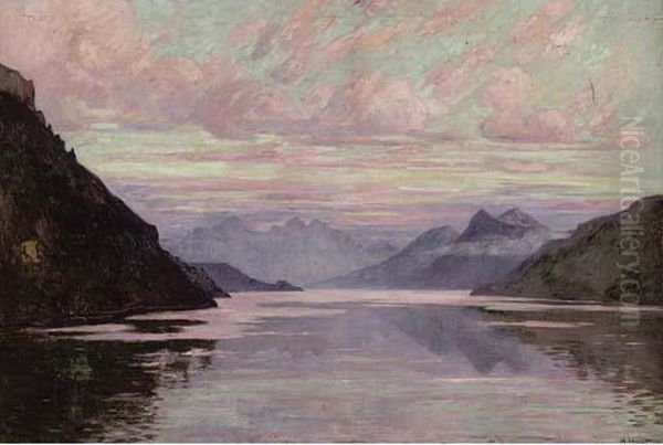 Coucher De Soleil Sur Le Lac De Come Oil Painting by Henri Havet