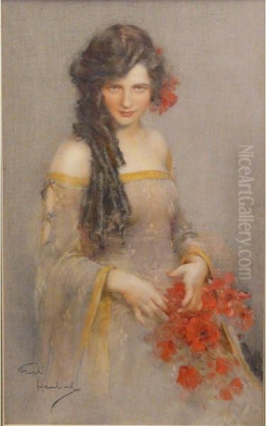 Portrait Of Young Woman Holding Red Poppies Oil Painting by Francis A. Haviland