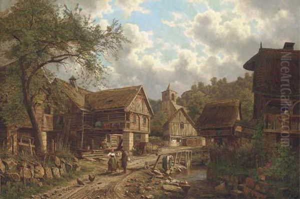 Village Life Oil Painting by Bedrich Havranek