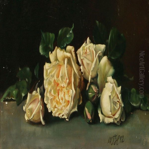 White Roses On A Table Oil Painting by Theodora Havsteen