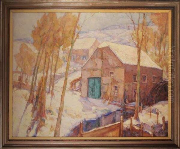 Moulin A Eau Et Maisonsous La Neige. Oil Painting by Georges Haway