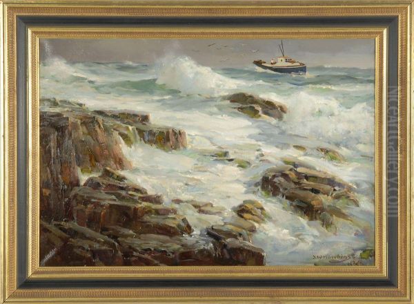 Lobster Boat Off A Rocky Coast Oil Painting by Joseph Walter Hawkins