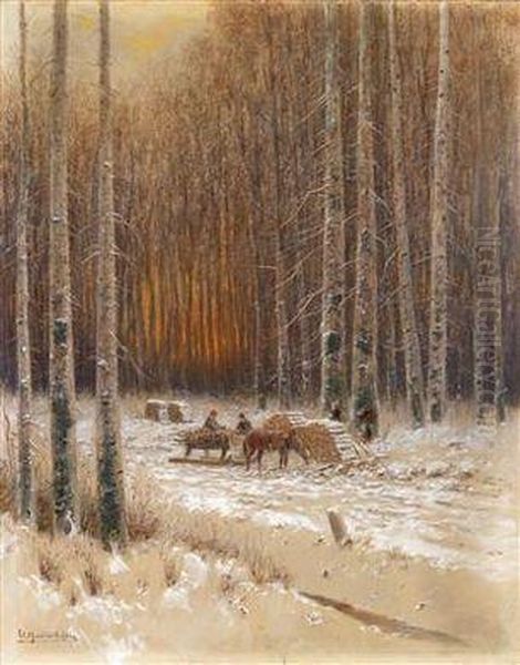 A Lumberjack Ina Wintery Timber Forest Oil Painting by Vincenz Hawlicek