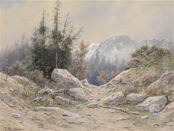 A Mountainrange And Debris Oil Painting by Vincenz Hawlicek