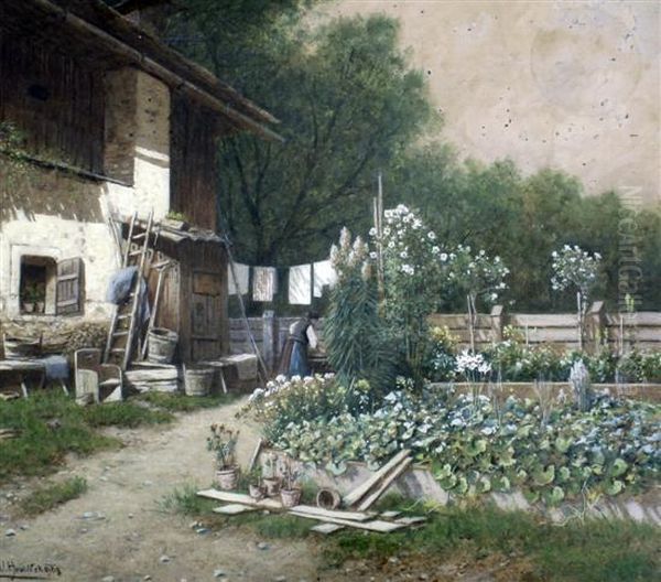 Woman In A Garden Oil Painting by Vincenz Hawlicek