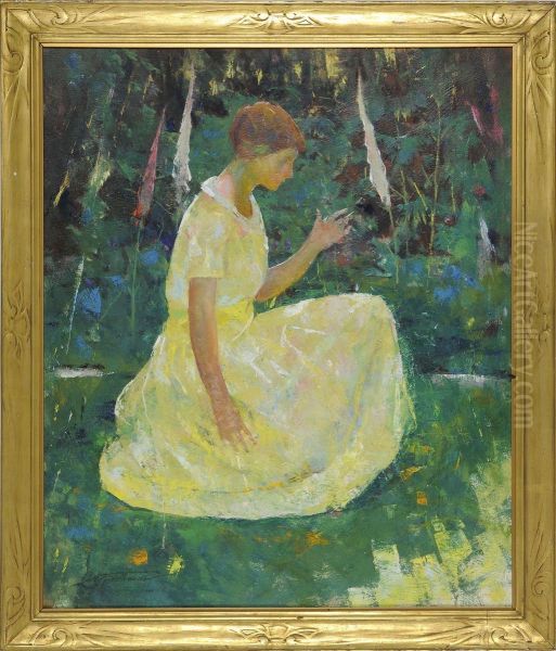 Portrait Of A Woman Dressed In Yellow Seated In A Forest Landscape Oil Painting by Charles Webster Hawthorne