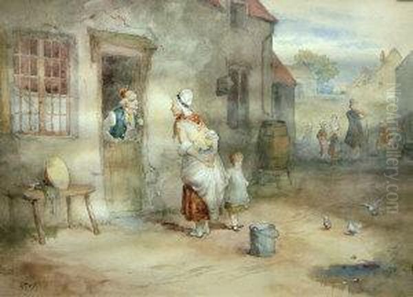 Village Street Scene With Figures By A Window Oil Painting by George H. Hay