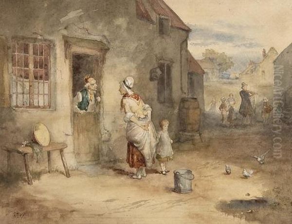 Village Scene With Figures Conversing, And A Wanderingminstrel Oil Painting by George H. Hay