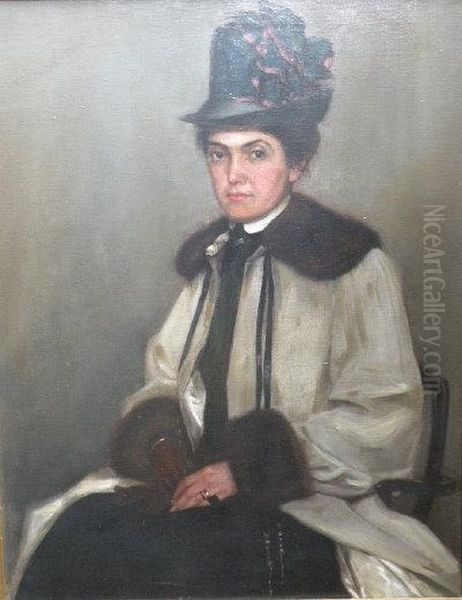 Portrait Of Mrs Hamilton Hay Wearing Hat And Coat With Fur Collar Oil Painting by James Hamilton Hay