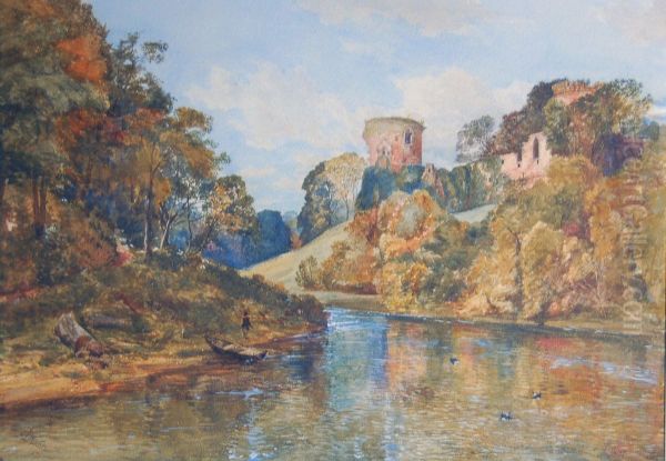 An Angler By A Ruined Castle Oil Painting by Charles Duncan Hay-Campbell